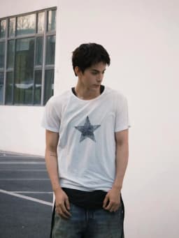 Ann 26ss pentagram printed streamer washed old loose retro short-sleeved T-shirt