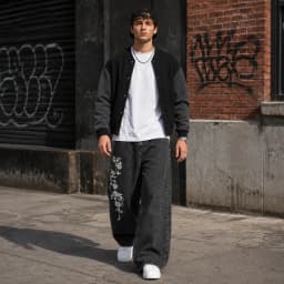UP.THE Men Y2K Rose Embroidery Wide Leg Jeans, Vintage Black Washed Baggy Denim Pants, Hip Hop Streetwear Loose Casual Trousers for Daily Wear