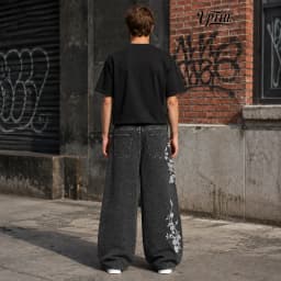 UP.THE Men Y2K Rose Embroidery Wide Leg Jeans, Vintage Black Washed Baggy Denim Pants, Hip Hop Streetwear Loose Casual Trousers for Daily Wear