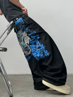 American Street-Style Graffiti Print Embroidered Black Baggy Jeans Men Y2K Trendy Wide-Leg Straight Pants