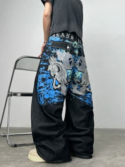 American Street-Style Graffiti Print Embroidered Black Baggy Jeans Men Y2K Trendy Wide-Leg Straight Pants