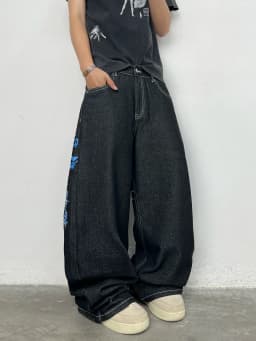 American Street-Style Graffiti Print Embroidered Black Baggy Jeans Men Y2K Trendy Wide-Leg Straight Pants