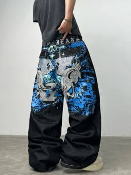 American Street-Style Graffiti Print Embroidered Black Baggy Jeans Men Y2K Trendy Wide-Leg Straight Pants