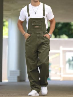Men's Four - Season Green Denim Overalls, Loose Straight - Leg, Casual Style, American Retro Trend