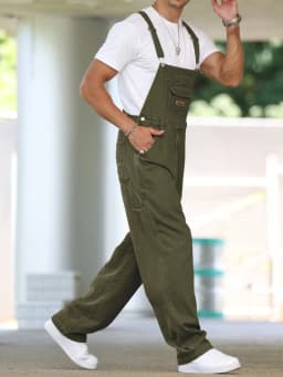 Men's Four - Season Green Denim Overalls, Loose Straight - Leg, Casual Style, American Retro Trend