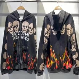 Asian Code Hiphop Street Distressed Washed Worn SATOSHI Zip-up Hoodie Flame Skeleton Vintage Faded Print Jacket Men Women Outfit