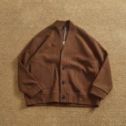 Retro cardigan jacket men's tops heavyweight thick textured V-neck knitted collarless sweatshirt