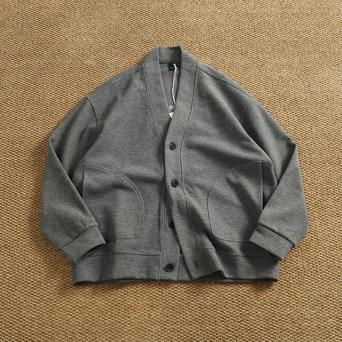 Retro cardigan jacket men's tops heavyweight thick textured V-neck knitted collarless sweatshirt