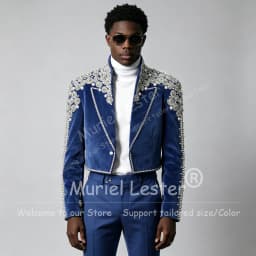 Handmade Short Suit Men Unique Design Sparkly Crystals Beading Velvet Jacket Pants 2 Piece Sets Groom Wear Wedding Tuxedo Attire