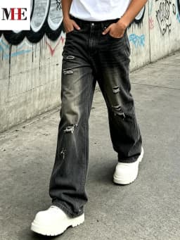【HME】Men's Jeans | Black‑Grey Vintage Washed Denim Pants, Men Flare Wide‑Leg Denim Jeans With Partial Ripped Frayed Holes, Elastic Back Waist Relaxed Fit Denim Trousers, Distressed Denim Bottoms For Men Dark Street Daily Styling