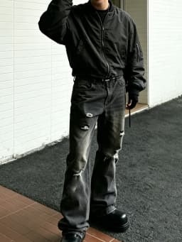 【HME】Men's Jeans | Black‑Grey Vintage Washed Denim Pants, Men Flare Wide‑Leg Denim Jeans With Partial Ripped Frayed Holes, Elastic Back Waist Relaxed Fit Denim Trousers, Distressed Denim Bottoms For Men Dark Street Daily Styling