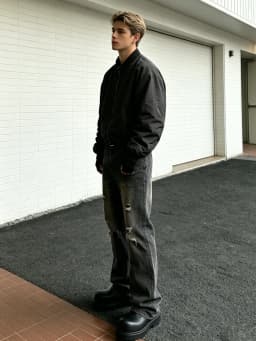 【HME】Men's Jeans | Black‑Grey Vintage Washed Denim Pants, Men Flare Wide‑Leg Denim Jeans With Partial Ripped Frayed Holes, Elastic Back Waist Relaxed Fit Denim Trousers, Distressed Denim Bottoms For Men Dark Street Daily Styling