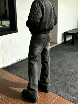 【HME】Men's Jeans | Black‑Grey Vintage Washed Denim Pants, Men Flare Wide‑Leg Denim Jeans With Partial Ripped Frayed Holes, Elastic Back Waist Relaxed Fit Denim Trousers, Distressed Denim Bottoms For Men Dark Street Daily Styling