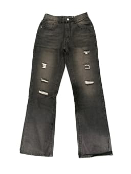 【HME】Men's Jeans | Black‑Grey Vintage Washed Denim Pants, Men Flare Wide‑Leg Denim Jeans With Partial Ripped Frayed Holes, Elastic Back Waist Relaxed Fit Denim Trousers, Distressed Denim Bottoms For Men Dark Street Daily Styling
