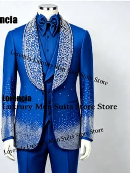 Customized Diamond Beading Men suit Formal Sequin Gem For Prom Groom Male Evening Party Fashion Blazer 3 Pieces Set Tuxedos Slim
