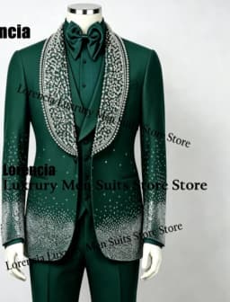 Customized Diamond Beading Men suit Formal Sequin Gem For Prom Groom Male Evening Party Fashion Blazer 3 Pieces Set Tuxedos Slim