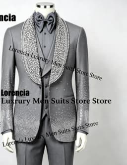 Customized Diamond Beading Men suit Formal Sequin Gem For Prom Groom Male Evening Party Fashion Blazer 3 Pieces Set Tuxedos Slim