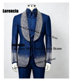 Customized Diamond Beading Men suit Formal Sequin Gem For Prom Groom Male Evening Party Fashion Blazer 3 Pieces Set Tuxedos Slim
