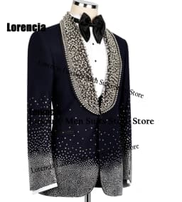 Customized Diamond Beading Men suit Formal Sequin Gem For Prom Groom Male Evening Party Fashion Blazer 3 Pieces Set Tuxedos Slim