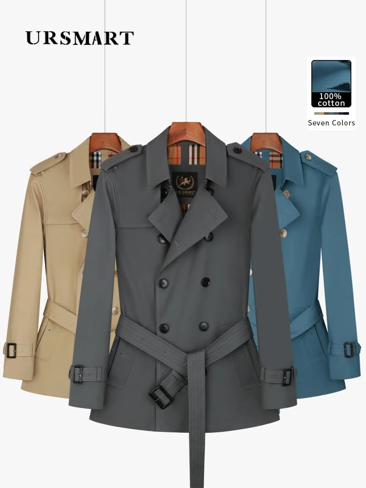Cotton short trench coat for men British fashion double breasted khaki color for men thickened down jacket pure cotton short