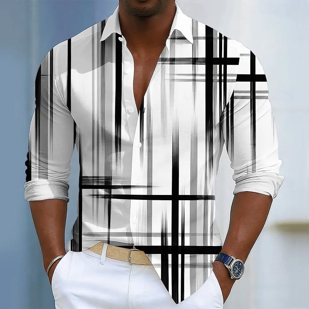 Men's Geometric Stripe Shirt Button Up Shirt Long Sleeve Fashion Casual Daily Vacation Spring Fall Turndown 3D Print Shirt
