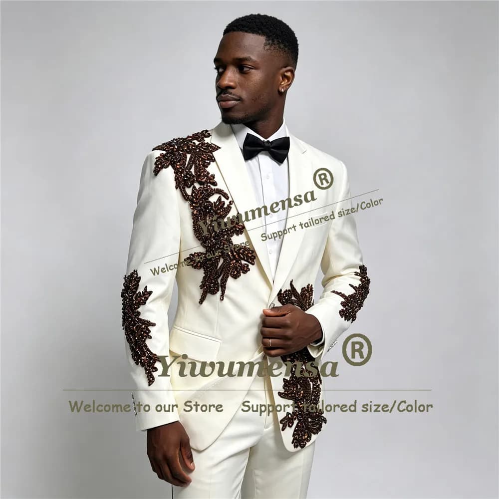 Men's Suit 2 Pieces Luxury Beaded Embroidered Blazer Customized Crystals Male Fashion Blazer Peaked Lapel Formal Wedding Tuxedo