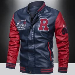 American Baseball Collar Pilot Casual PU Leather JacketSpring and Autumn Men's Motorcycle Suit Leather Jacket Color Blocking