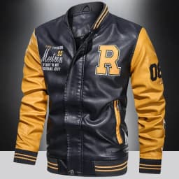 American Baseball Collar Pilot Casual PU Leather JacketSpring and Autumn Men's Motorcycle Suit Leather Jacket Color Blocking