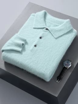 100% Mink Cashmere Jacket Men's POLO Collar Pullover 2024 Spring Autumn New Knitted Tops Casual Loose Large Size Men's Shirts