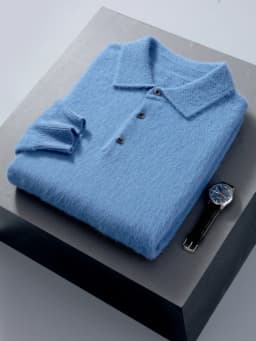 100% Mink Cashmere Jacket Men's POLO Collar Pullover 2024 Spring Autumn New Knitted Tops Casual Loose Large Size Men's Shirts