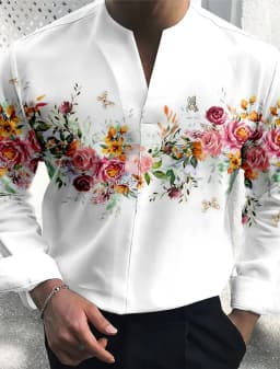 Men's Long Sleeve Shirt Floral Pattern V Neck Outdoor Street Long Sleeve Printed Clothing Fashion Streetwear Casual