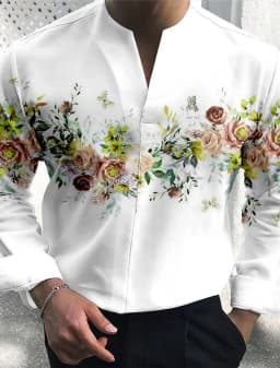 Men's Long Sleeve Shirt Floral Pattern V Neck Outdoor Street Long Sleeve Printed Clothing Fashion Streetwear Casual