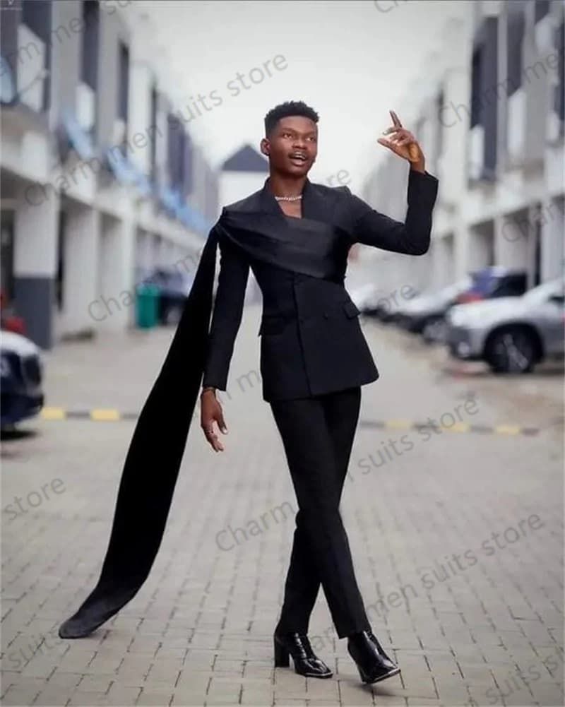 Wrap Black Men Suits Set Custom Made 2 Piece Blazer+Pants Jacket With Strap Office Formal Groom Wedding Tuxedo Prom Coat