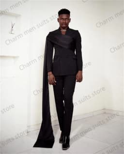 Wrap Black Men Suits Set Custom Made 2 Piece Blazer+Pants Jacket With Strap Office Formal Groom Wedding Tuxedo Prom Coat
