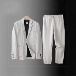KIDWHXR Summer Men Suit Single-breasted Pocket Blazer Male Elastic Waist Pant Man Thin Cotton Linen Breathable 2-piece Outfit