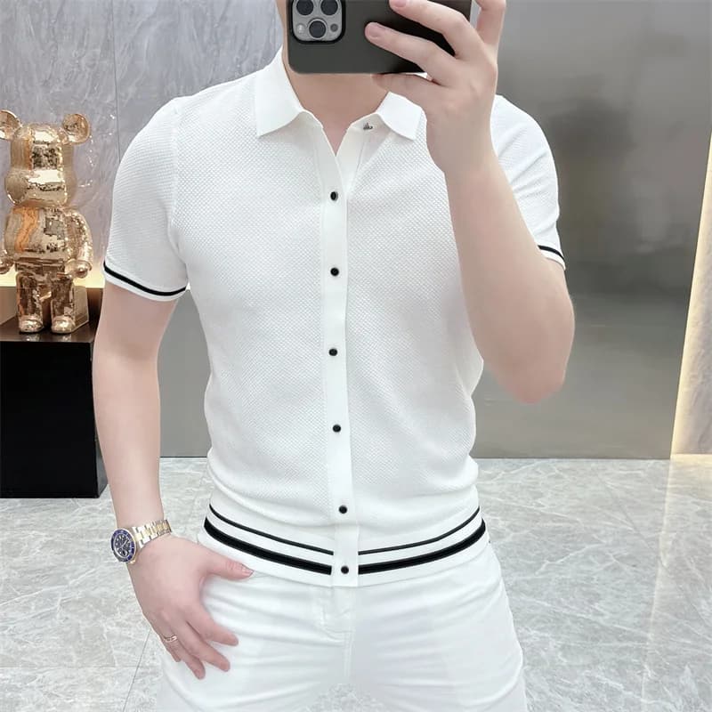 Summer Short Sleeve Lapel T-shirts Men Casual Business Knitted Cardigan Versatile Comfortable Tee Tops Ice Silk Polo Shirts