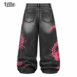 UP.THE Men Baggy Wide Leg Jeans, Vintage Washed Black Gray Denim Pants, Y2K Oversized Loose Centipede Skeleton Print Streetwear Jeans for Daily Casual Hip Hop Outfits