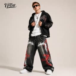 UP.THE Men Baggy Wide Leg Jeans, Vintage Washed Black Gray Denim Pants, Y2K Oversized Loose Centipede Skeleton Print Streetwear Jeans for Daily Casual Hip Hop Outfits