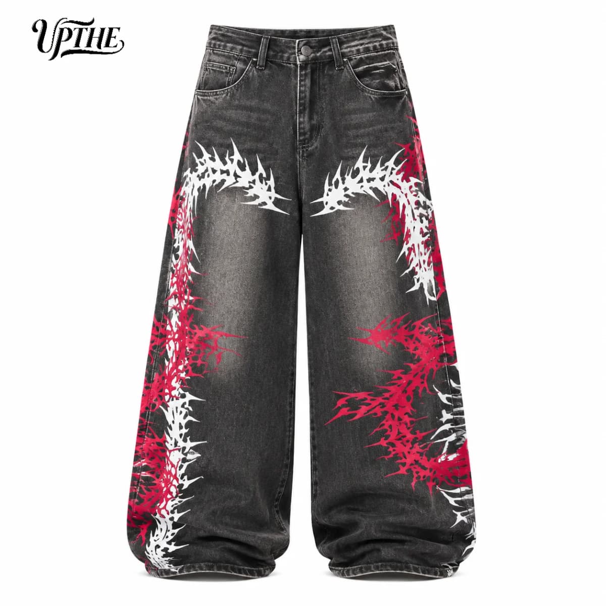 UP.THE Men Baggy Wide Leg Jeans, Vintage Washed Black Gray Denim Pants, Y2K Oversized Loose Centipede Skeleton Print Streetwear Jeans for Daily Casual Hip Hop Outfits