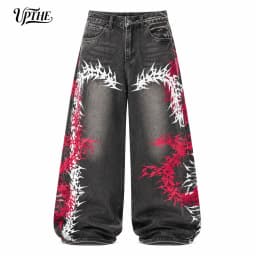 UP.THE Men Baggy Wide Leg Jeans, Vintage Washed Black Gray Denim Pants, Y2K Oversized Loose Centipede Skeleton Print Streetwear Jeans for Daily Casual Hip Hop Outfits