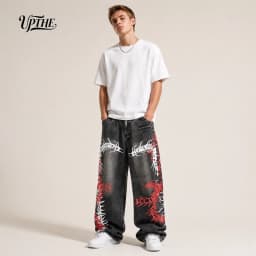 UP.THE Men Baggy Wide Leg Jeans, Vintage Washed Black Gray Denim Pants, Y2K Oversized Loose Centipede Skeleton Print Streetwear Jeans for Daily Casual Hip Hop Outfits