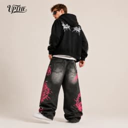 UP.THE Men Baggy Wide Leg Jeans, Vintage Washed Black Gray Denim Pants, Y2K Oversized Loose Centipede Skeleton Print Streetwear Jeans for Daily Casual Hip Hop Outfits