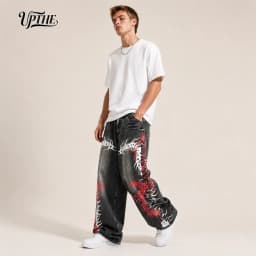 UP.THE Men Baggy Wide Leg Jeans, Vintage Washed Black Gray Denim Pants, Y2K Oversized Loose Centipede Skeleton Print Streetwear Jeans for Daily Casual Hip Hop Outfits
