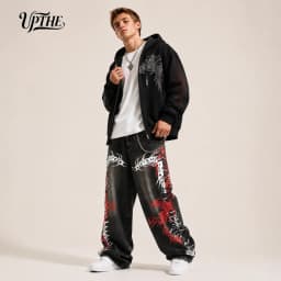 UP.THE Men Baggy Wide Leg Jeans, Vintage Washed Black Gray Denim Pants, Y2K Oversized Loose Centipede Skeleton Print Streetwear Jeans for Daily Casual Hip Hop Outfits