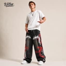 UP.THE Men Baggy Wide Leg Jeans, Vintage Washed Black Gray Denim Pants, Y2K Oversized Loose Centipede Skeleton Print Streetwear Jeans for Daily Casual Hip Hop Outfits