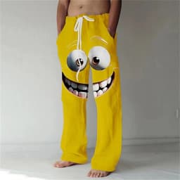 3D printed facial expression pattern, fashionable high-quality comfortable men's wide-leg pants, trendy printed men's pants