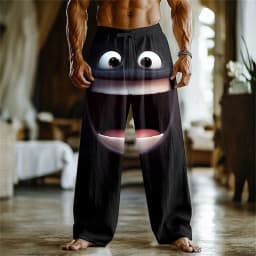 3D printed facial expression pattern, fashionable high-quality comfortable men's wide-leg pants, trendy printed men's pants