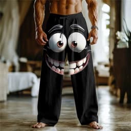 3D printed facial expression pattern, fashionable high-quality comfortable men's wide-leg pants, trendy printed men's pants