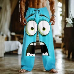 3D printed facial expression pattern, fashionable high-quality comfortable men's wide-leg pants, trendy printed men's pants