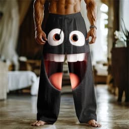 3D printed facial expression pattern, fashionable high-quality comfortable men's wide-leg pants, trendy printed men's pants